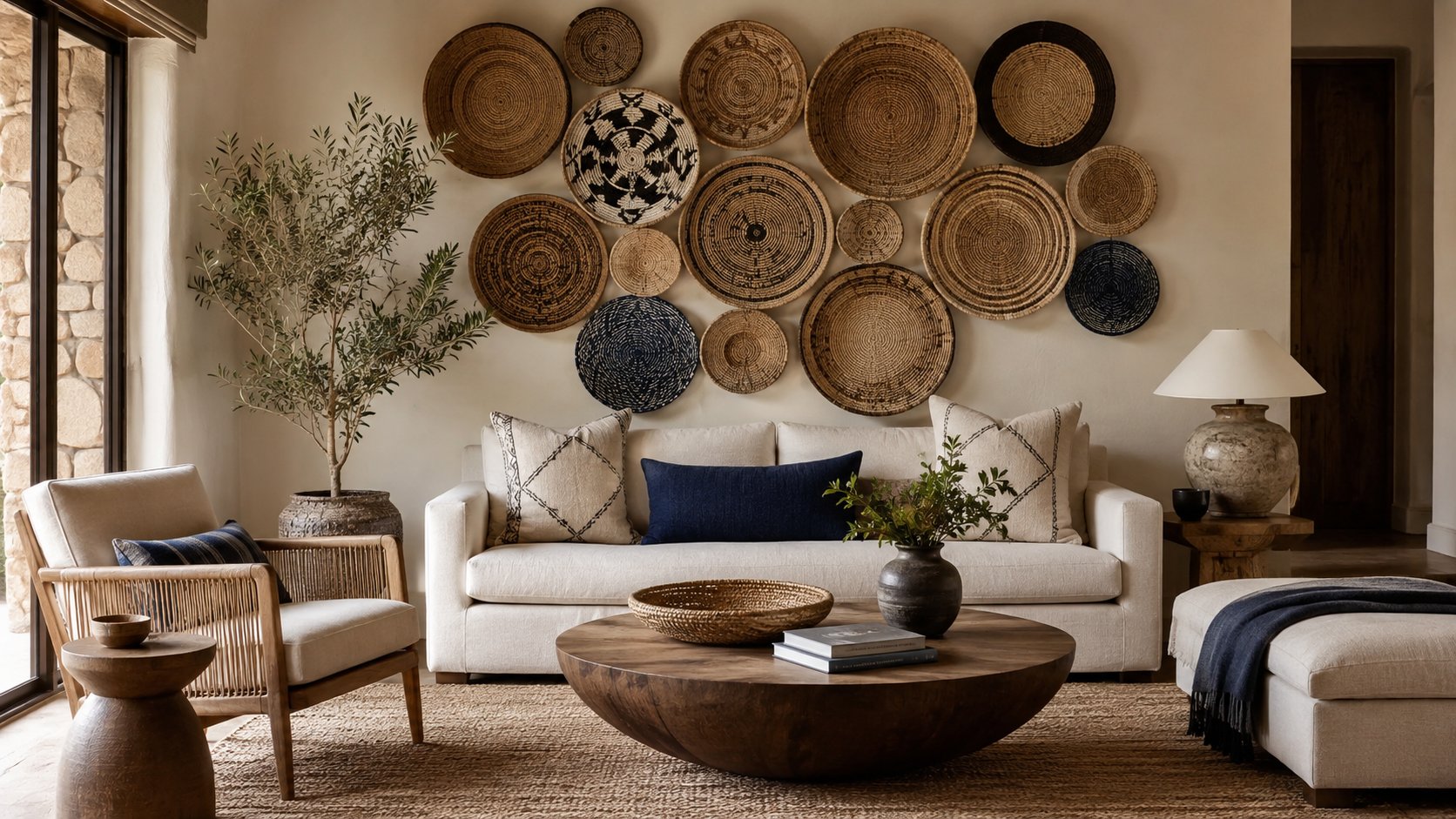 Light bohemian living room featuring a woven basket feature wall and minimal cream seating